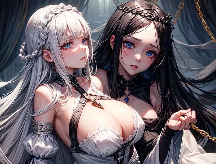 She is tied in both hands, and got chains on her neck.A very beautiful female slave , she has innocent eyes and she looks like Emilia from re zero, but with black hair and therr are tears on her eyes