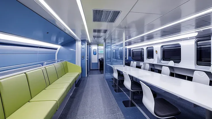 Futuristic train interior、Everything is in white、Long seats only