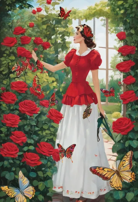 A mancion with a butterfly garden with red roses with a gardener 
