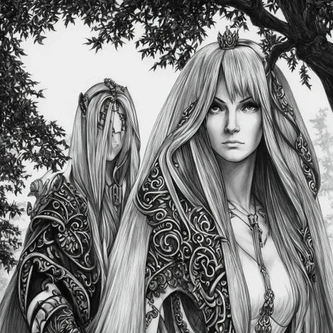 Arwin, queen, white and black, pencil draw, sketch, style of Anne Stokes, by Anne Stokes, white cloak, trees on background, no pupils, angry, white hair, high detail, from above, panorama, anatomically correct, super detail, high quality, best quality, hig...