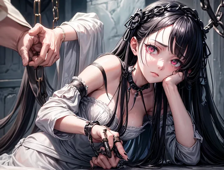 She is tied in both hands, and got chains on her neck.A very beautiful female slave , she has innocent eyes and she looks like Emilia from re zero, but with black hair and therr are tears on her eyes

Make the background grim, dark and and inside the dunge...