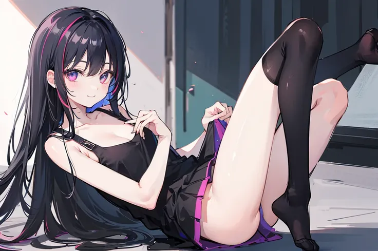 1 girl, sitting, socks, no shoes, looking at viewer, smiling, sitting on floor, ((black socks)), (sketch:1.25), best quality, (((perfect feet))), multicolored hair, high res, masterpiece, supersharp,