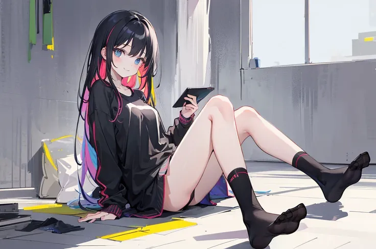 1 girl, sitting, socks, no shoes, looking at viewer, smiling, sitting on floor, ((black socks)), (sketch:1.25), best quality, (((perfect feet))), multicolored hair, high res, masterpiece, supersharp,