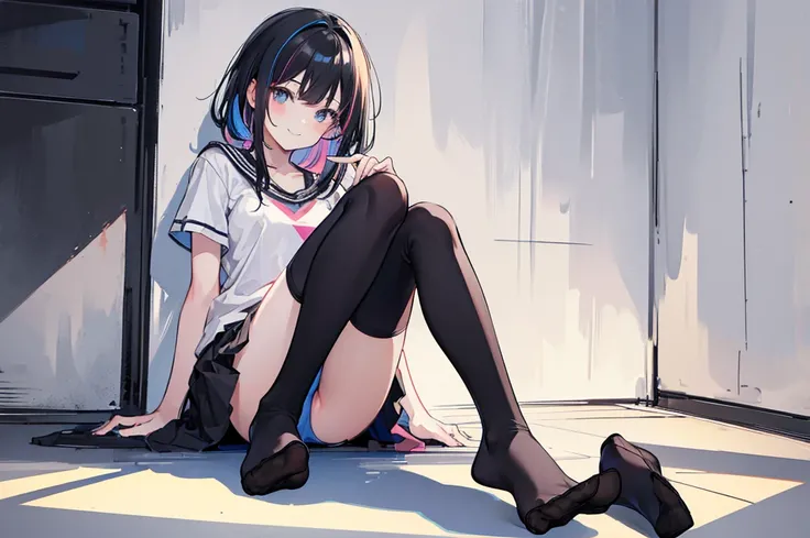 1 girl, sitting, socks, no shoes, looking at viewer, smiling, sitting on floor, ((black socks)), (sketch:1.25), best quality, (((perfect feet))), multicolored hair, high res, masterpiece, supersharp,