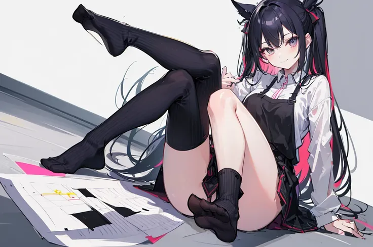 1 girl, sitting, socks, no shoes, looking at viewer, smiling, sitting on floor, ((black socks)), (sketch:1.25), best quality, (((perfect feet))), multicolored hair, high res, masterpiece, supersharp,