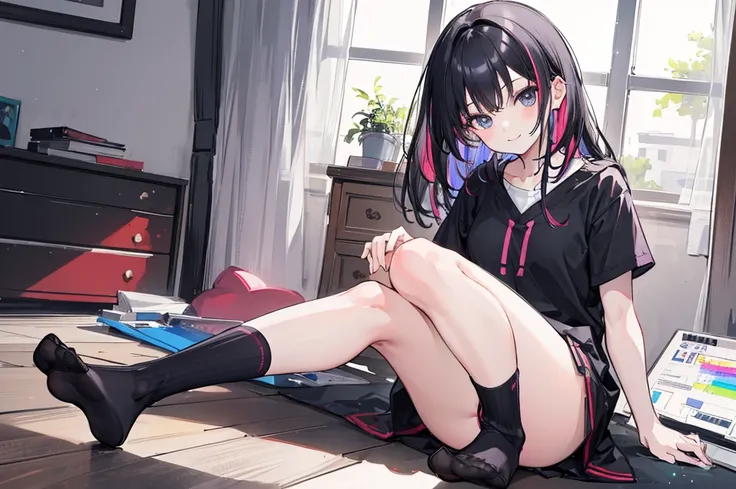 1 girl, sitting, socks, no shoes, looking at viewer, smiling, sitting on floor, ((black socks)), (sketch:1.25), best quality, (((perfect feet))), multicolored hair, high res, masterpiece, supersharp,