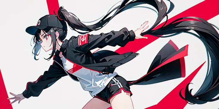 (ponytail),(Black Hair),beautiful girl,Facing forward and waving,Wear a black hat,Red sneakers,In the crowd,White tops,Black jacket,Black shorts