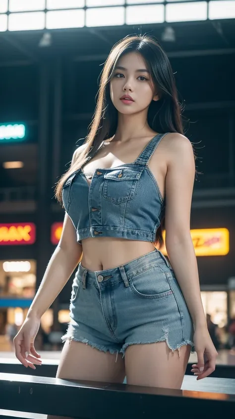 a beautiful woman with a plump body, denim jacket, wearing a black crop singlet, with big thighs, denim shorts, at a night scene in a mall, highly detailed, 8k, photorealistic, realistic lighting, perfect skin, beautiful face, volumetric hair, elegant pose...