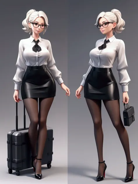 detailed character sheet of a female teacher with glasses,cute,sexy,rendered in 3d,zbrush,blender,easy to model,with accesories,...