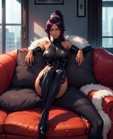 1girl, sofa, sitting, legs crossed, bodysuit, black bodysuit, bare arms, bare shoulders, (large breasts:1.2), yoruichi shihouin, dark skin, dark-skinned female, ponytail, purple hair, yellow eyes, (black leotard:1.4), thighhighs, full body, ((Leg Crossing ...