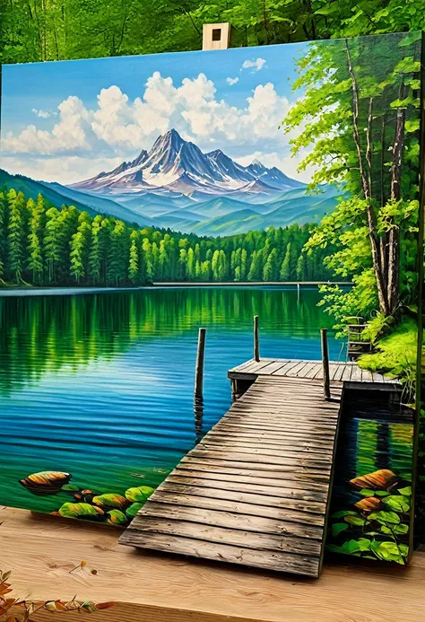 painting of a lake with a dock and forest in the background, detailed painting 4 k, beautiful art uhd 4 k, oil painting 4k, oil painting 4 k, 4 k oil painting, 8 k hd detailed oil painting, scenery artwork, detailed 4 k oil painting, detailed scenery —widt...