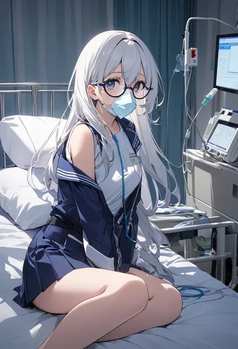 girl（Round Glasses、uniform（Navy Blue、Short skirt）、White long hair、hospital、bed、Oxygen mask