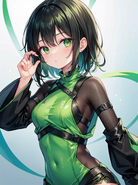 Black hair, long, green mesh, green eyes, cute sleeves