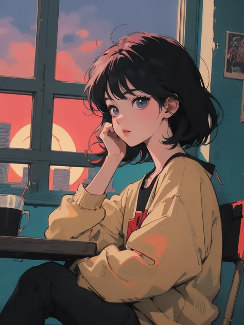 anime girl sitting on floor looking out window at city, anime aesthetic, anime vibes, Lofi Artstyle, Lo-fi portrait by the window, Watching the sunset. anime, Lofty Girl, anime art wallpaper 4 k, anime art wallpaper 4k, anime art wallpaper 8 k, anime backg...