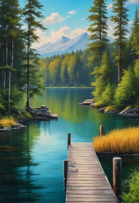 painting of a lake with a dock and forest in the background, detailed painting 4 k, beautiful art uhd 4 k, oil painting 4k, oil painting 4 k, 4 k oil painting, 8 k hd detailed oil painting, scenery artwork, detailed 4 k oil painting, detailed scenery —widt...