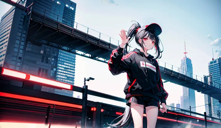 (ponytail),(Black Hair),beautiful girl,Facing forward and waving,Wear a black hat,Red sneakers,In the crowd,White tops,Black jacket,Black shorts,Tall buildings,signal machine,A lot of people