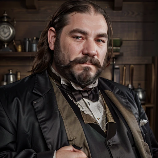 A photorealistic picture of an older D&D dwarf man who is heavyset with thinning hair and a large nose, wide cheeks wearing a steampunk butler outfit and looking dignified with a thick, heavy beard with long sideburns