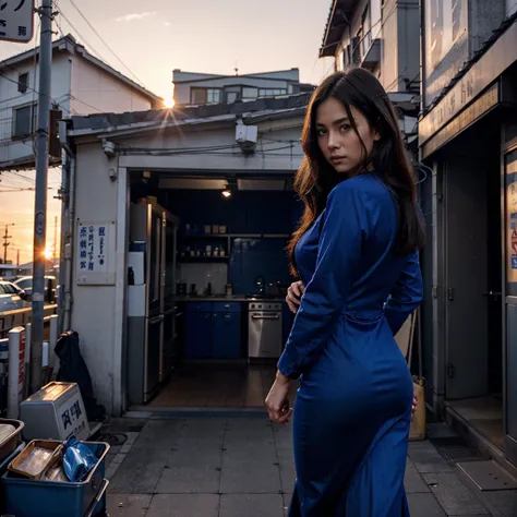 Female supermodel. Royal blue evening dress. Blue jeans. Dim, soft lighting. Sunset. Sunset. Kappabashi Kitchen Tools Street, Tokyo, Japan.