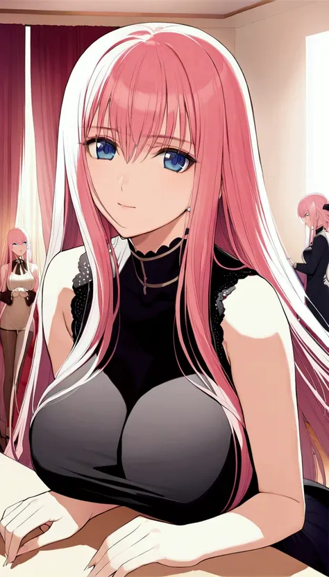 (((Browsing Caution:1.5))){{masterpiece:1.5}},{Detailed and beautiful depiction 1.5},Official Art,Beautiful adult woman 1,Megurine Luka,Pink long hair,blue eyes,Large Breasts,