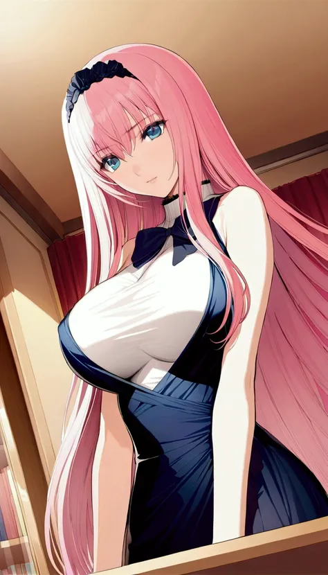 (((Browsing Caution:1.5))){{masterpiece:1.5}},{Detailed and beautiful depiction 1.5},Official Art,Beautiful adult woman 1,Megurine Luka,Pink long hair,blue eyes,Large Breasts,