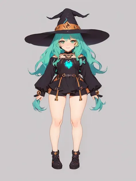 a cartoon girl in a witch costume with a hat and boots, witch girl, astral witch clothes, flirty anime witch casting magic, bright witch, full body character design, witchcore clothes, witch academia, anime full body illustration, anime character design, d...