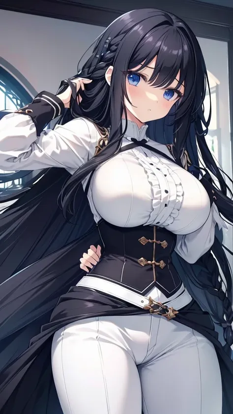 best quality, extremely detailed,anime style girl,long hair down to the waist, straight hair, ((dark black hair with bluish)),braid,beautiful detailed eyes, pinched eyes, (dark blue eyes),huge breasts,curvy,fantasy white costumes,blouse,trousers,hair ornam...