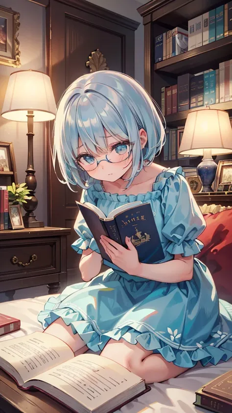 (masterpiece), (best quality), ((very detailed)), (very delicate), (A young girl),10-year-old girl, (silver short hair), with a beautiful blue layer. Soft, shiny hair. Clear cyan droopy eyes, long bangs covering her eyes. Wears glasses to avoid eye contact...