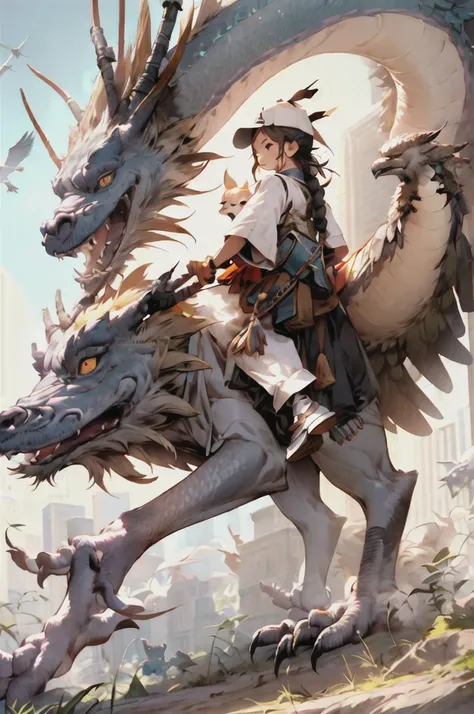 girl, letterboxed, holding, outdoors, bird, standing, cloud, 1boy, weapon, from behind, sky, cloudy sky, animal, holding weapon, eastern dragon, monster, 1other, hat, fog,  