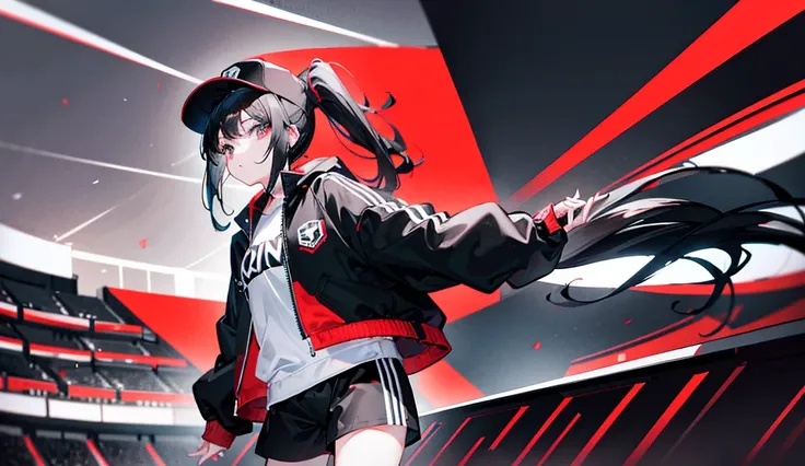 (ponytail),(Black Hair),beautiful girl,Facing forward and waving,Wear a black hat,Red sneakers,In the crowd,White tops,Black jacket,Black shorts,Tall buildings,signal machine,A lot of people