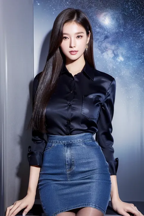 (Highest quality、Ultra-high resolution、masterpiece),(Delicate face,Detailed eyes and face、double eyelid、Glossy lips)、Collared shirt、(Denim midi skirt)、(silk pantyhose)、High heels、Long, slender legs,Sitting pose, High-definition skin texture、Happy expressio...