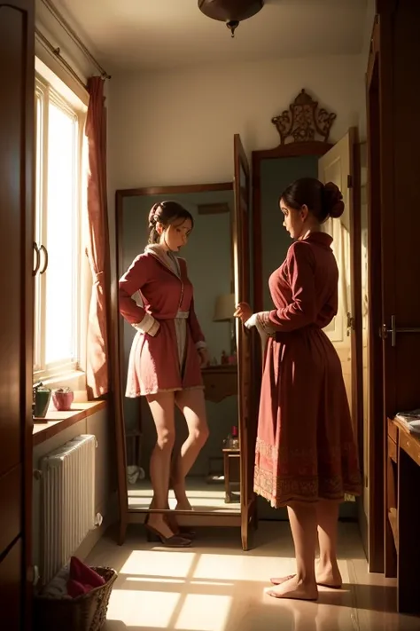 a woman getting ready in her room,looking in the mirror village atmosphere