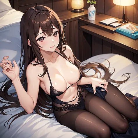 Sexy、Cleavage Emphasis、Brown hair long、chest、Double、slim、cute、sex appeal、Shoulder Bare、lure、Hotel、Lying on your back in bed、
