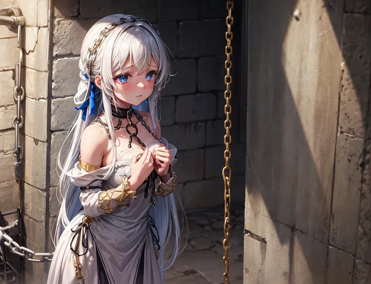 A beautiful girl both hands are tied in a prison cell with chains on her neck

She looks like megumim from kono suba and her dress is white but dirty she also looks dirty because she is captured and tears are in her eyes

 Make the background with cobblest...