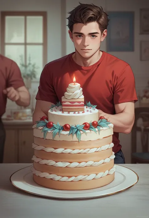 Create a 3d image in which a teenager boy cutting Cake wearing red color shirt with NameGIREESH is written clearly on the cake and 24 year candle burning on the cake image features with birthday decorated view, realistic image, background decorated with bi...