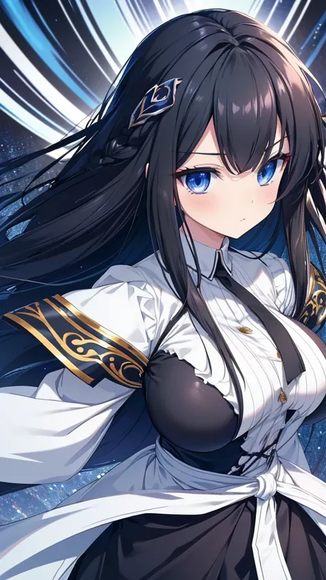 best quality, extremely detailed,anime style girl,long hair down to the waist, straight hair, ((dark black hair with bluish)),braid,beautiful detailed eyes, pinched eyes, (dark blue eyes),huge breasts,curvy,fantasy white costumes,blouse,trousers,hair ornam...