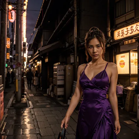 Female supermodel. Purple evening dress.  Dim, soft lighting. Sunset. Sunset. Kappabashi Kitchen Tools Street, Tokyo, Japan.