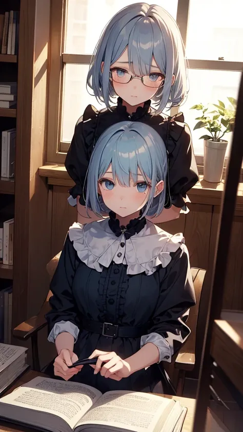 (masterpiece), (best quality), ((very detailed)), (very delicate), (A young girl),10-year-old girl, (silver short hair), with a beautiful blue layer. Soft, shiny hair. Clear cyan droopy eyes, long bangs covering her eyes. Wears glasses to avoid eye contact...