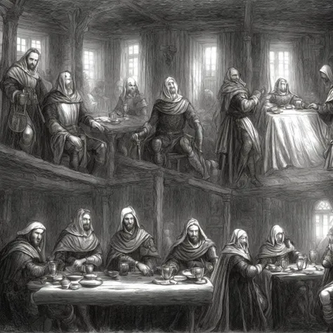 four men sitting in a medieval inn, white and black, pencil draw, sketch, style of anne stokes, by anne stokes, white cloak, tre...