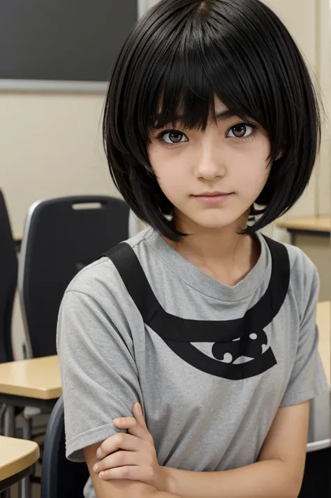 Anime girl with medium short black hair and side bangs, with moles on the face, He has a shy expression and is in class.