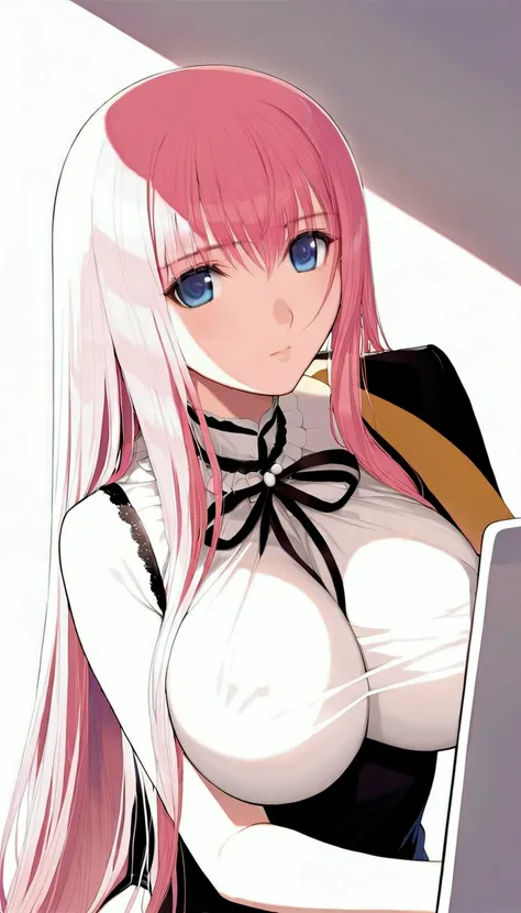 (((Browsing Caution:1.5))){{masterpiece:1.5}},{Detailed and beautiful depiction 1.5},Official Art,Beautiful adult woman 1,Megurine Luka,Pink long hair,blue eyes,Large Breasts,