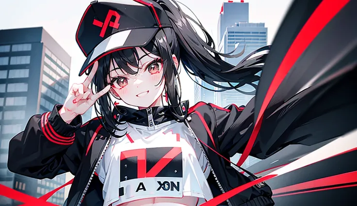 (ponytail),(Black Hair),beautiful girl,Peace sign near face, Wear a black hat,Red sneakers,In the crowd,White tops,Black jacket,Black shorts,Tall buildings,signal machine,A lot of people,smile