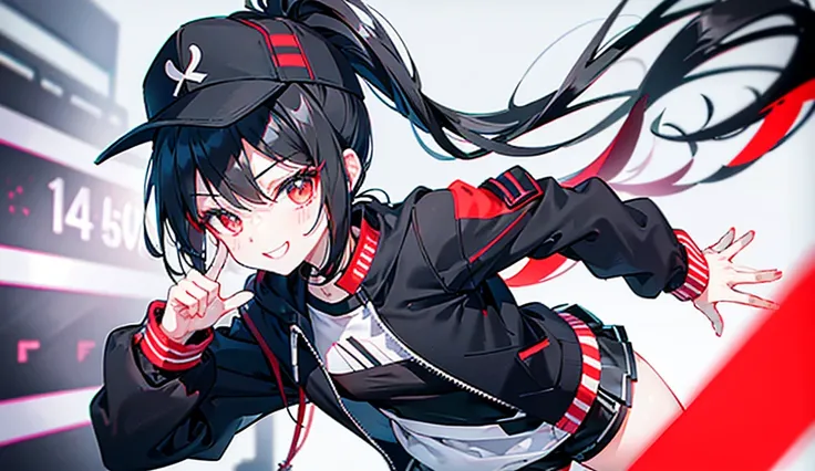 (ponytail),(Black Hair),beautiful girl,Peace sign near face, Wear a black hat,Red sneakers,In the crowd,White tops,Black jacket,Black shorts,Tall buildings,signal machine,A lot of people,smile