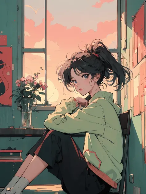 anime girl sitting on floor looking out window at city, anime aesthetic, anime vibes, Lofi Artstyle, Lo-fi portrait in a room, Watching the sunset. anime, Lofty Girl, anime art wallpaper 4 k, anime art wallpaper 4k, anime art wallpaper 8 k, anime backgroun...