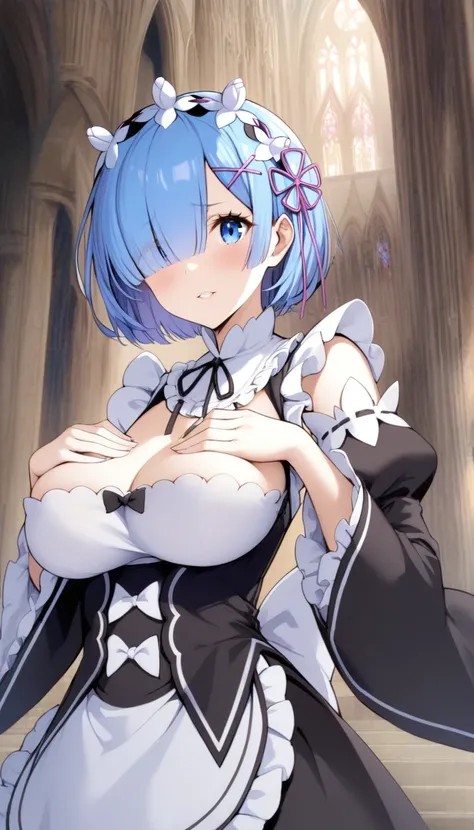 masterpiece, best quality, very aesthetic, absurdres, 1girl, mature_lady, holding 2 big white rabbits, rabbits cover breasts, upper body,,rem_(re:zero), re:zero_kara_hajimeru_isekai_seikatsu, 1girl, blue_eyes, short_hair, blue_hair, hair_over_one_eye, asym...