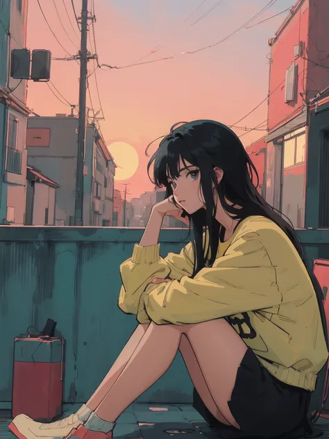 anime girl sitting on floor looking out window at city, anime aesthetic, anime vibes, Lofi Artstyle, Low-fi portrait by the wall, Watching the sunset. anime, Lofty Girl, anime art wallpaper 4 k, anime art wallpaper 4k, anime art wallpaper 8 k, anime backgr...