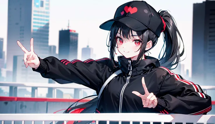 (ponytail),(Black Hair),beautiful girl,Peace sign near face, Wear a black hat,Red sneakers,In the crowd,White tops,Black jacket,Black shorts,Tall buildings,signal machine,A lot of people,smile