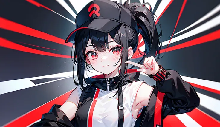 (ponytail),(Black Hair),beautiful girl,Peace sign near face, Wear a black hat,Red sneakers,In the crowd,White tops,Black jacket,Black shorts,Tall buildings,signal machine,A lot of people,smile