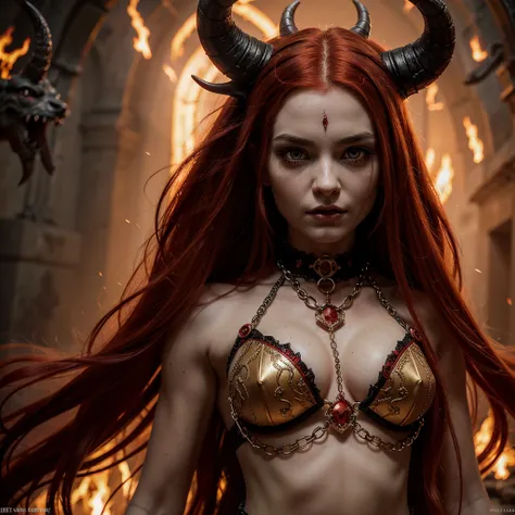 1 Demon woman with horns, fiery red long hair, ultra detailed face and eyes, hyperrealistic, realistic representation, 30 years old, dancing in hell, pretty face, her clothes consist of chains,  full body view 