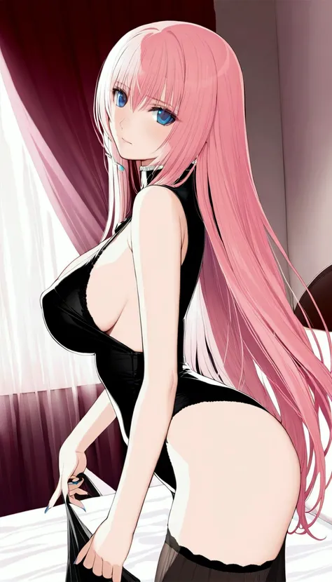 (((Browsing Caution:1.5))){{masterpiece:1.5}},{Detailed and beautiful depiction 1.5},Official Art,Beautiful adult woman 1,Megurine Luka,Pink long hair,blue eyes,Large Breasts,Black erotic underwear,bedroom