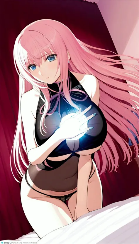 (((Browsing Caution:1.5))){{masterpiece:1.5}},{Detailed and beautiful depiction 1.5},Official Art,Beautiful adult woman 1,Megurine Luka,Pink long hair,blue eyes,Large Breasts,Black erotic underwear,bedroom